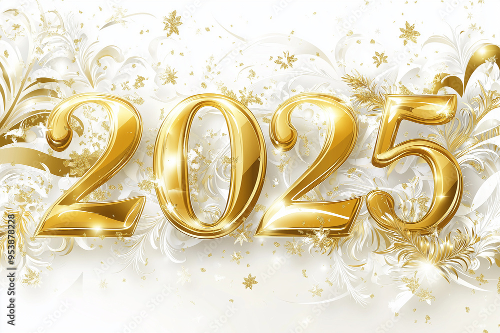 Happy New Year 2025, shiny gold text, banner, white background. AI generation. Happy New Year 2025, shiny gold text, banner, white background. AI generation.