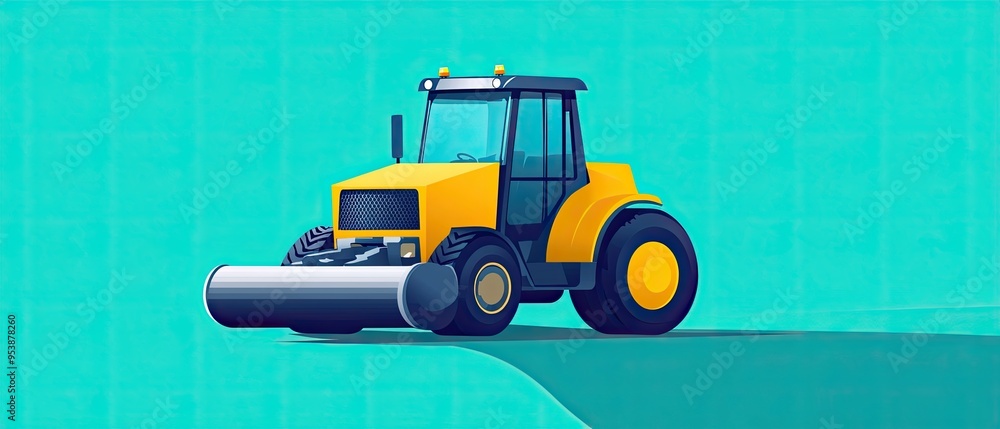 Fototapeta premium Flat design road roller on solid teal background minimalistic approach streamlined structure bold color palette sharp contrasts isolated
