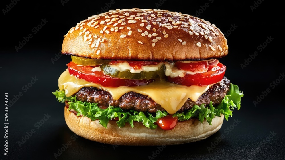 A towering juicy beef burger with fresh vegetables and melted cheese dripping with sauce captured mid-bite against a dark black backdrop with precise follow lighting focusing on th A towering juicy beef burger with fresh vegetables and melted cheese dripping with sauce captured mid-bite against a dark black backdrop with precise follow lighting focusing on th