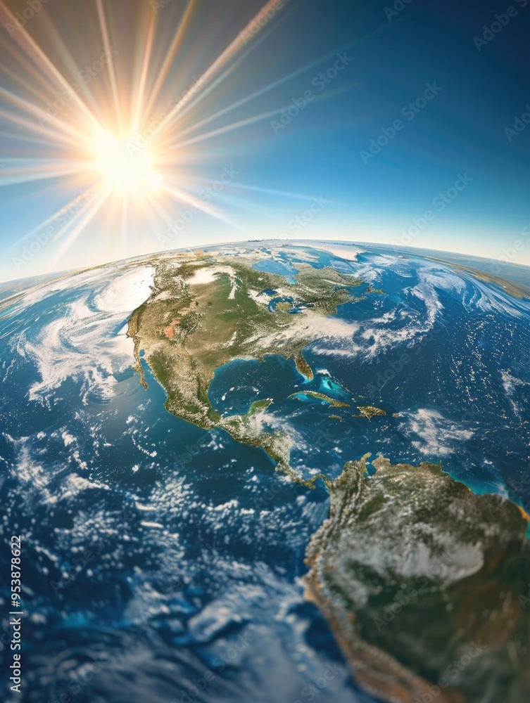 Fototapeta premium Sunlight shining through clouds over continents