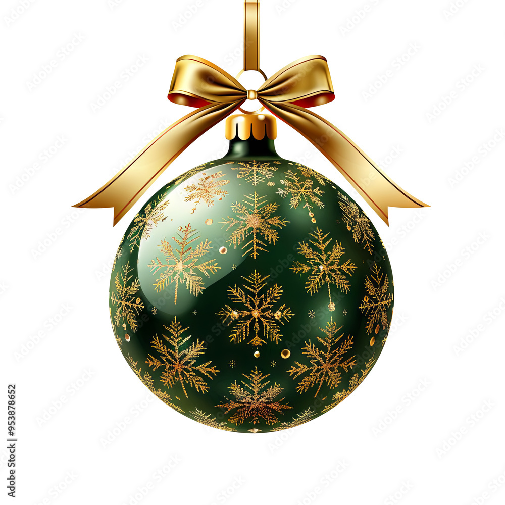 green gold snowflake Christmas ball with ribbon and a bow, isolated on background. Generative AI green gold snowflake Christmas ball with ribbon and a bow, isolated on background. Generative AI