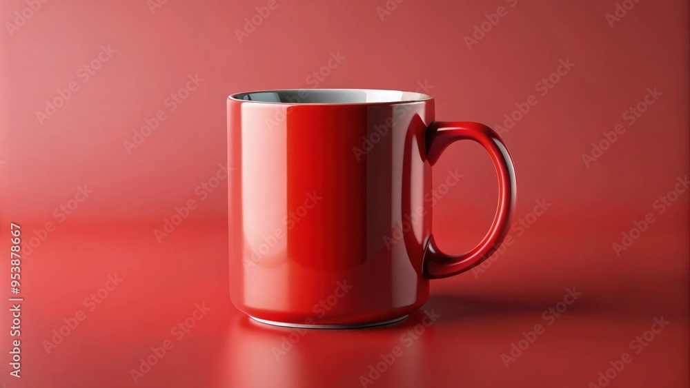 Realistic stock photo of a ceramic mug mockup with a clean red theme, set on a minimalist red background, highlighting the mug's smooth surface and glossy finish Realistic stock photo of a ceramic mug mockup with a clean red theme, set on a minimalist red background, highlighting the mug's smooth surface and glossy finish