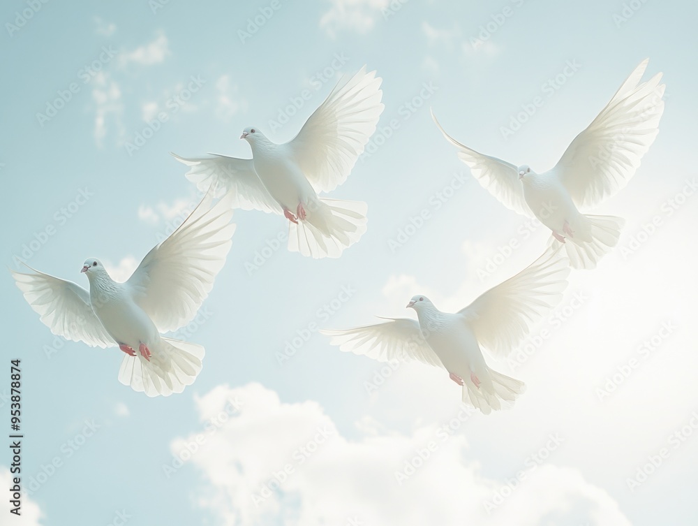 Obraz premium Three doves soaring in clear skies.