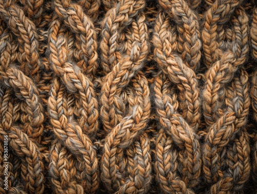 Warm brown yarn knit together in a textured pattern.