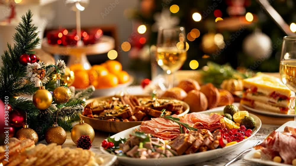 Christmas festive table with various dishes and drinks Christmas festive table with various dishes and drinks