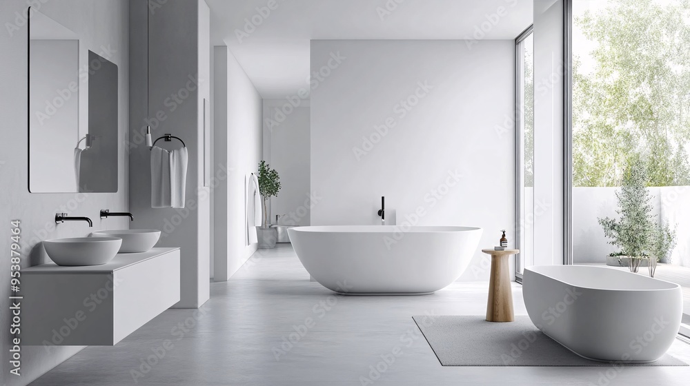 Modern bathroom with sleek fixtures, minimalist design, and clean lines in an open-plan studio apartment Modern bathroom with sleek fixtures, minimalist design, and clean lines in an open-plan studio apartment