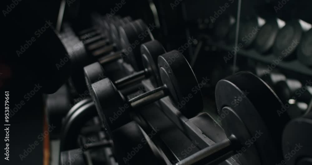 A close-up shot of a muscular male hand selecting a dumbbell from a rack in a dark, atmospheric gym. The image captures the essence of commitment and strength in fitness training. A close-up shot of a muscular male hand selecting a dumbbell from a rack in a dark, atmospheric gym. The image captures the essence of commitment and strength in fitness training.