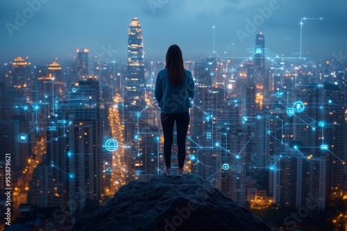 A woman stands on a cliff overlooking a vibrant, illuminated cityscape at night, symbolizing the convergence of technology and urban life