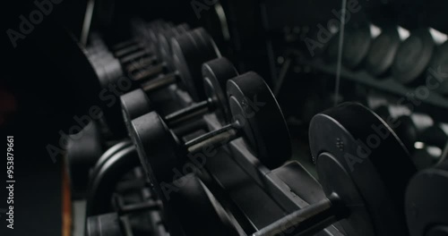 A close-up shot of a muscular male hand selecting a dumbbell from a rack in a dark, atmospheric gym. The image captures the essence of commitment and strength in fitness training.