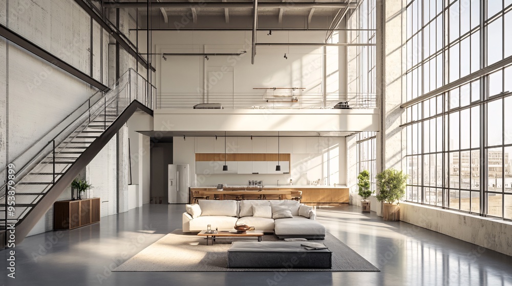 Architectural photography of a modern loft with an open-plan living area, clean lines, and minimalist decor Architectural photography of a modern loft with an open-plan living area, clean lines, and minimalist decor
