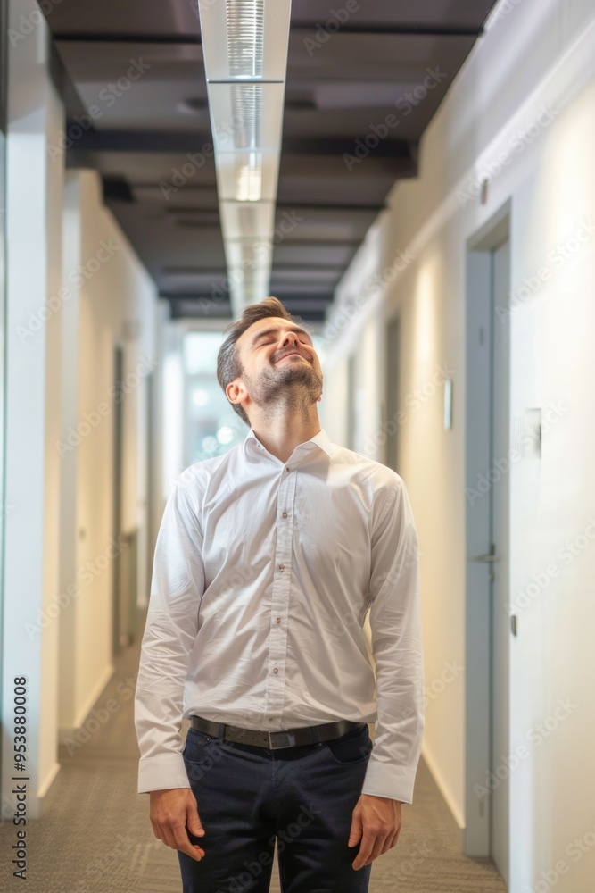 A man in an office laughs and smiles as he discovers a new energy-efficient light bulb that requires no maintenance. A man in an office laughs and smiles as he discovers a new energy-efficient light bulb that requires no maintenance.