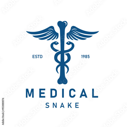 Vintage Logo with Caduceus Symbol with two snakes wrapped around a winged bone staff, Health and Healing Symbol for medical institutions, clinics or healthcare organizations
