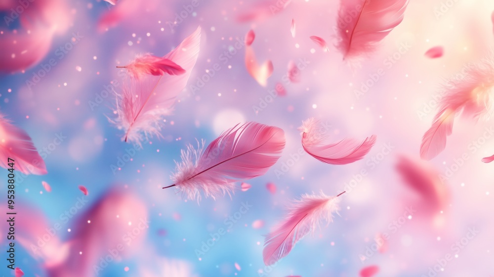 Pink feathers floating in the air, surrounded by pink petals and sparkling glitter. Pink feathers floating in the air, surrounded by pink petals and sparkling glitter.