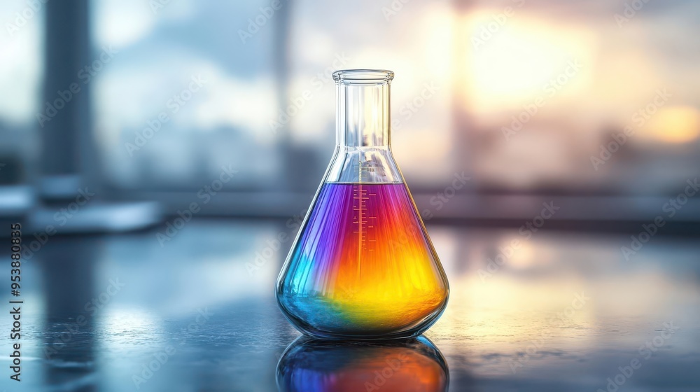 A conical flask with a gradient of rainbow colors inside, on a reflective surface A conical flask with a gradient of rainbow colors inside, on a reflective surface