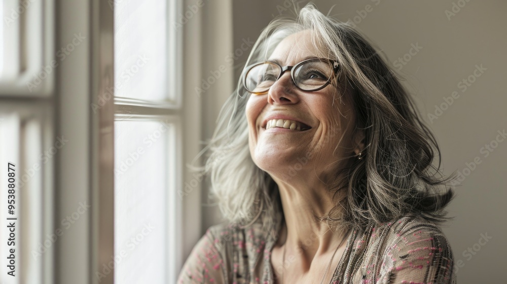 This is an image of a cheerful elderly woman sitting by a window, looking outside with a warm smile on her face. This is an image of a cheerful elderly woman sitting by a window, looking outside with a warm smile on her face.