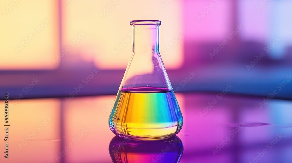A conical flask with a gradient of rainbow colors inside, on a reflective surface A conical flask with a gradient of rainbow colors inside, on a reflective surface