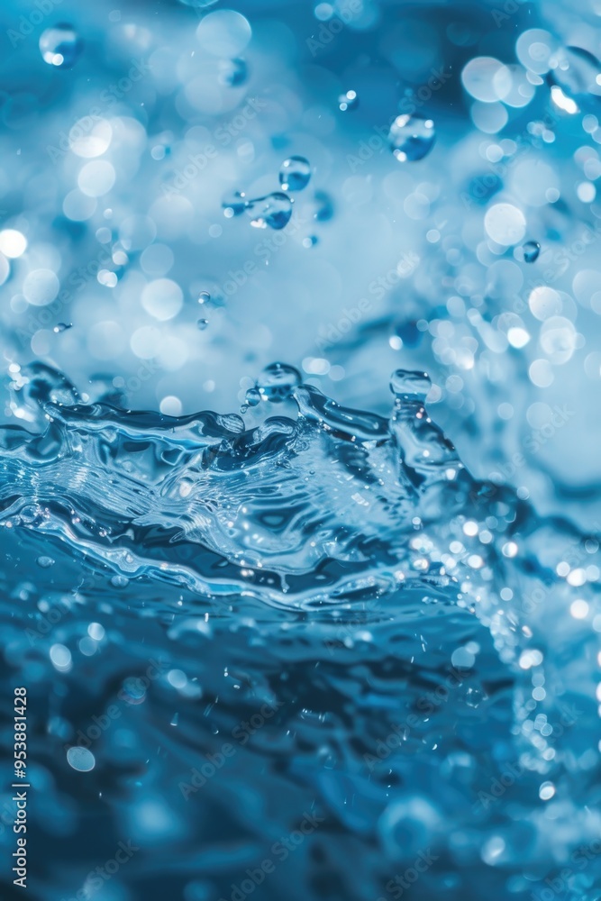 Blue water splashing and shimmering in the light. Water droplets with sparkling reflection on a dark surface. Blue water splashing and shimmering in the light. Water droplets with sparkling reflection on a dark surface.
