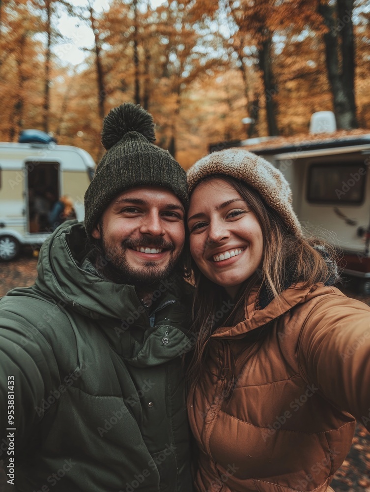 A man and woman are smiling for a picture. They are wearing green and brown hats and jackets A man and woman are smiling for a picture. They are wearing green and brown hats and jackets