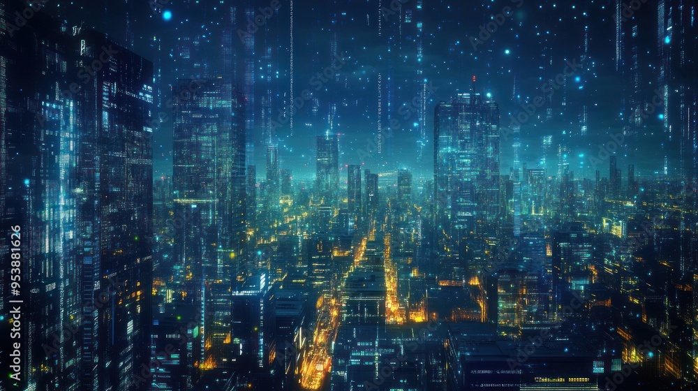 Fototapeta premium A Futuristic Cityscape with Blue and Yellow Lights