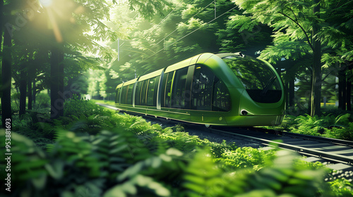 Green train traveling through a lush forest on a sunny day