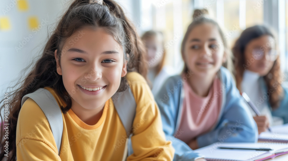 A smiling student practices handwriting in a classroom A smiling student practices handwriting in a classroom