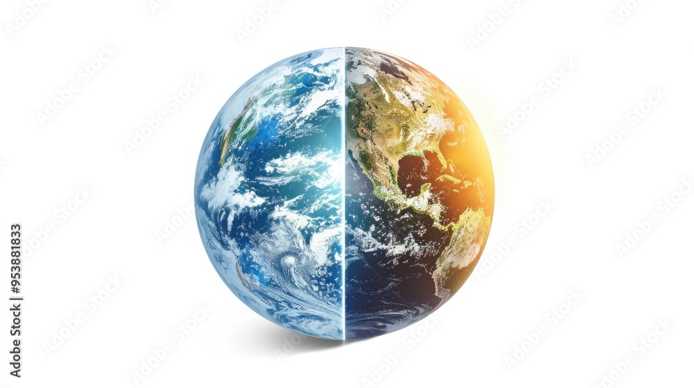 The earth is split in half, with the left side being blue and the right side being yellow The earth is split in half, with the left side being blue and the right side being yellow