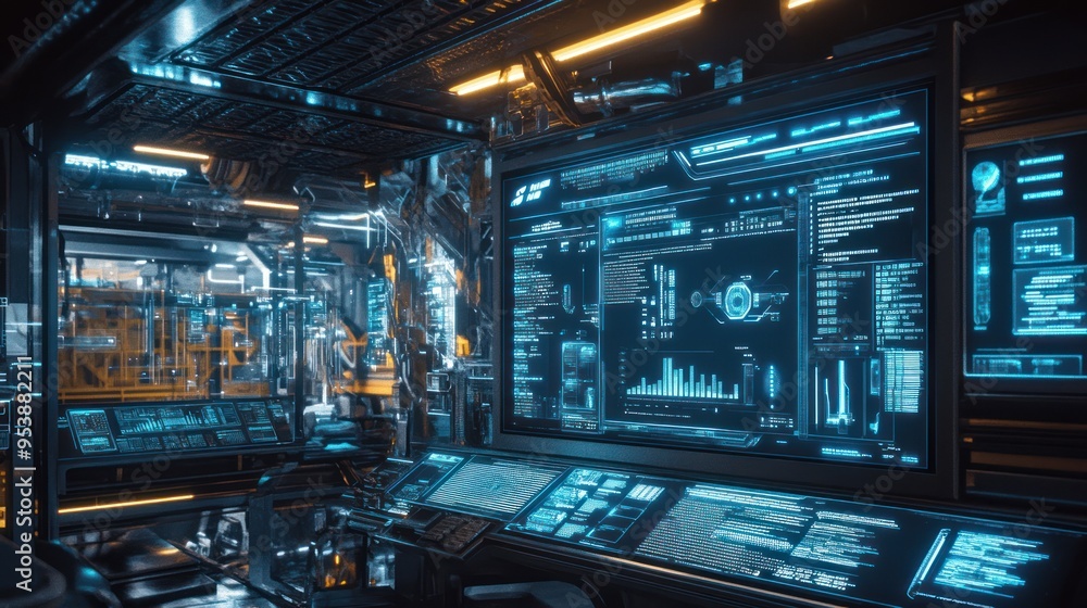 Futuristic Control Room with Illuminated Monitors Displaying Data and Code Futuristic Control Room with Illuminated Monitors Displaying Data and Code