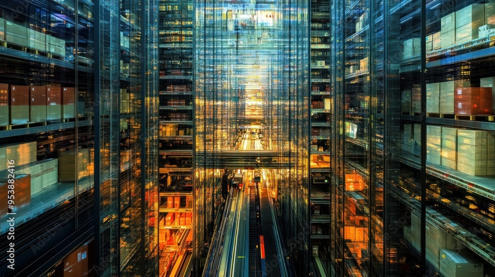 Abstract view of a multi-level warehouse with rows of stacked boxes Abstract view of a multi-level warehouse with rows of stacked boxes