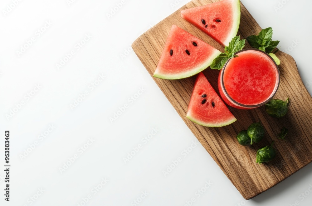 Watermelon Juice with Fresh Slices on Wooden Board Watermelon Juice with Fresh Slices on Wooden Board