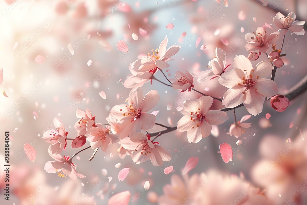 Delicate pink cherry blossoms with petals falling in the gentle breeze. A soft, dreamy spring scene. Delicate pink cherry blossoms with petals falling in the gentle breeze. A soft, dreamy spring scene.