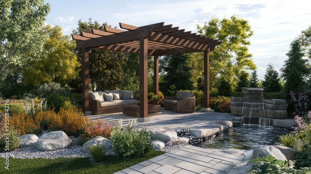 Wooden Pergola with Seating Area and Waterfall Feature in a Lush Garden Wooden Pergola with Seating Area and Waterfall Feature in a Lush Garden