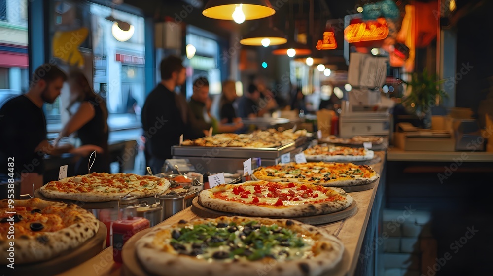 A lively pizzeria with customers choosing toppings for their pizzas in a vibrant environment A lively pizzeria with customers choosing toppings for their pizzas in a vibrant environment