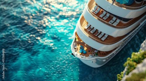 Luxury yacht with multiple decks and lounge chairs, viewed from above, anchored in clear blue water.