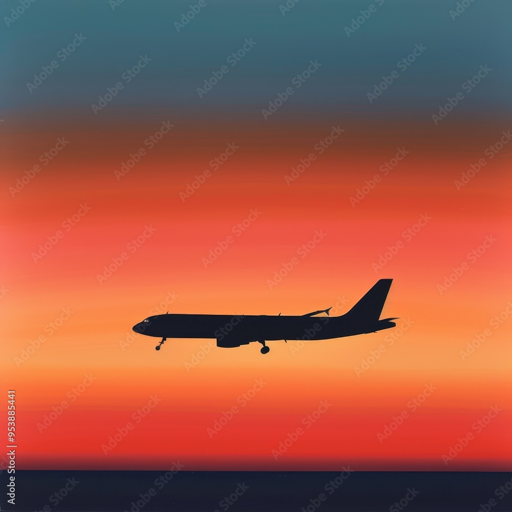 Silhouette of an airplane flying against a vibrant sunset sky. Silhouette of an airplane flying against a vibrant sunset sky.