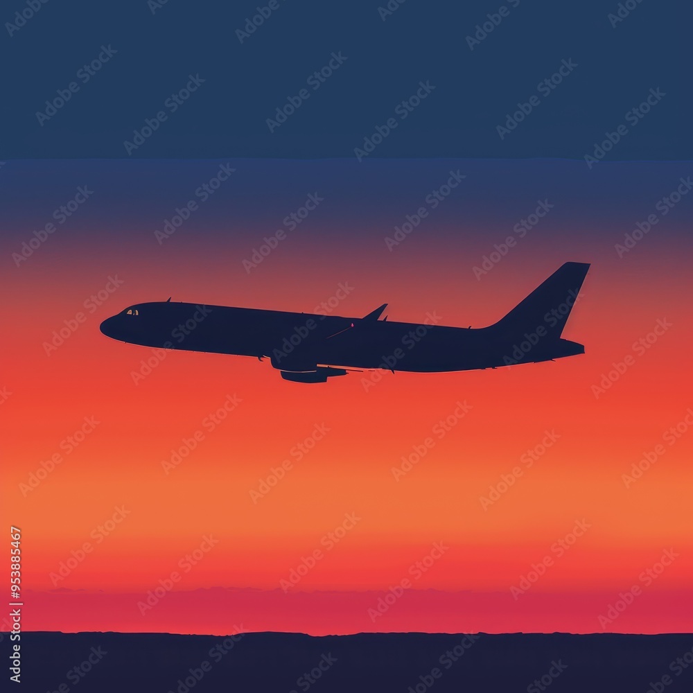 Silhouette of an airplane flying against a vibrant sunset sky. Silhouette of an airplane flying against a vibrant sunset sky.