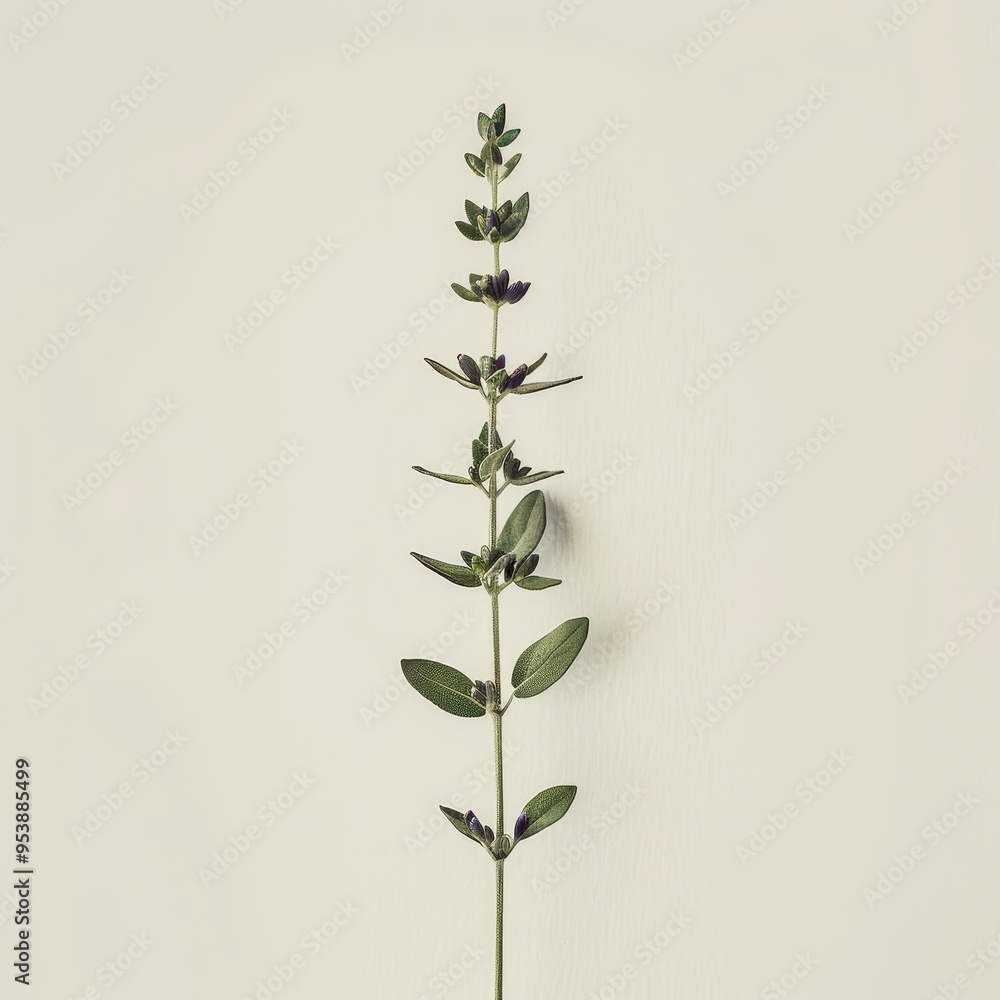 Single stem of green herb with small flowers against a light beige background. Minimalist botanical photo. Single stem of green herb with small flowers against a light beige background. Minimalist botanical photo.