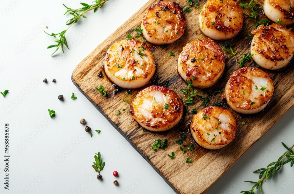 Delicious Grilled Scallops on Wooden Board Delicious Grilled Scallops on Wooden Board