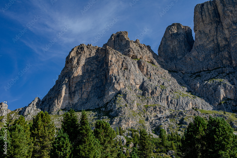 Majestic rocky mountains under a clear blue sky with lush green trees in the foreground during a sunny summer day Majestic rocky mountains under a clear blue sky with lush green trees in the foreground during a sunny summer day