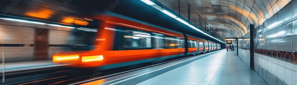 Blurred motion of orange train speeding through underground station with modern architectural design and empty platform. Blurred motion of orange train speeding through underground station with modern architectural design and empty platform.