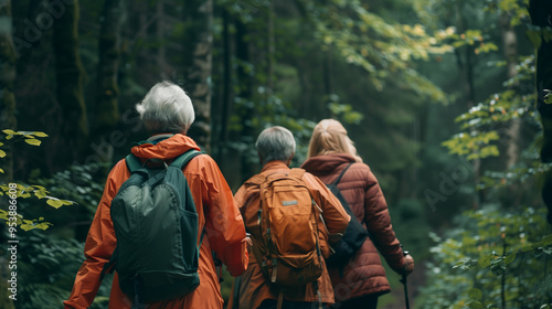 Three friends enjoy a hike through a lush forest path on a cool day, surrounded by vibrant green trees and tranquility photo