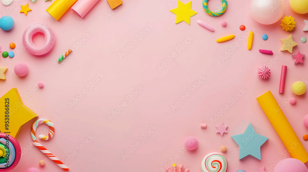 Colorful candy and sweets arranged on a pink background for a festive celebration or dessert display setup Colorful candy and sweets arranged on a pink background for a festive celebration or dessert display setup