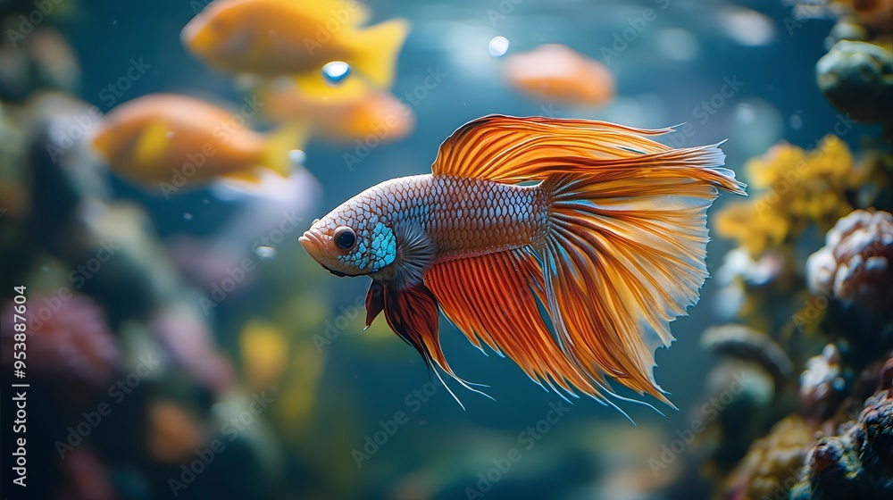 Fototapeta premium Graceful orange and white betta fish swimming in soft focus aquatic environment