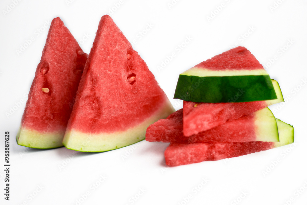 Watermelon triangle slices without seeds isolated on white background. Clipping path. Watermelon triangle slices without seeds isolated on white background. Clipping path.
