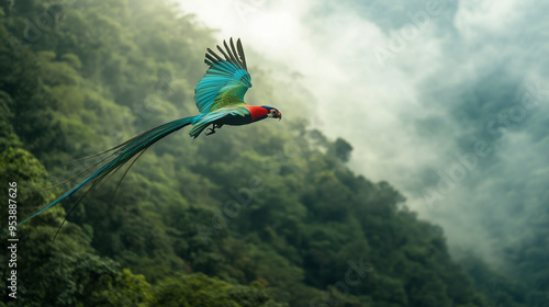 The resplendent Quetzal bird, flying gracefully above a ravine filled with greenery, its long tail stretching gracefully behind it, Ai generated images photo