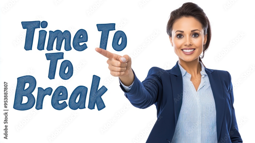 Businesswoman Pointing to Time to Break Text Businesswoman Pointing to Time to Break Text