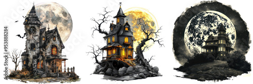 Old castle with a clearly visible golden orange moon on a transparent background.