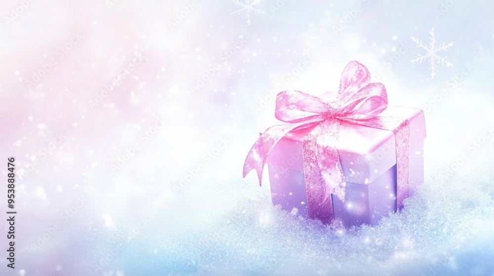 A beautifully wrapped gift box with a pink ribbon set against a snowy and pastel background featuring snowflakes. A beautifully wrapped gift box with a pink ribbon set against a snowy and pastel background featuring snowflakes.