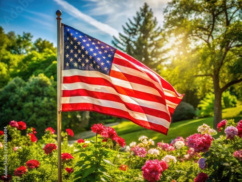 American flag waves proudly amidst lush greenery and blooming flowers, symbolizing patriotism and remembrance on a serene and sunny Memorial Day morning. photo