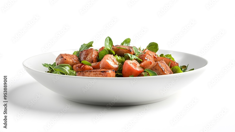 A 3D-rendered dish of gourmet food ready for delivery on a simple white background A 3D-rendered dish of gourmet food ready for delivery on a simple white background
