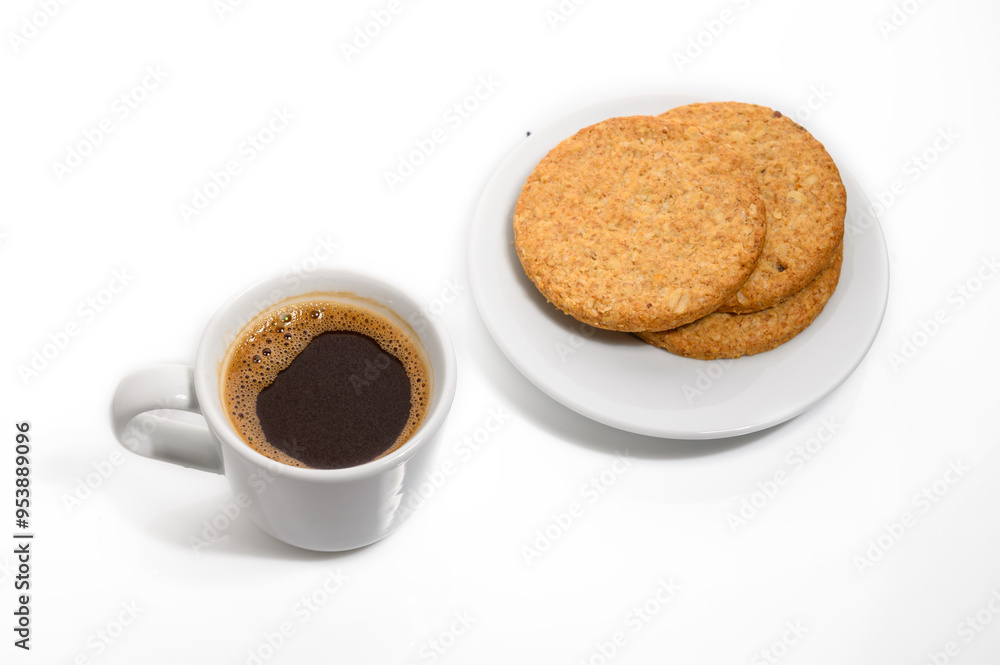 Crispy cookies , coffee cup on a white background Crispy cookies , coffee cup on a white background